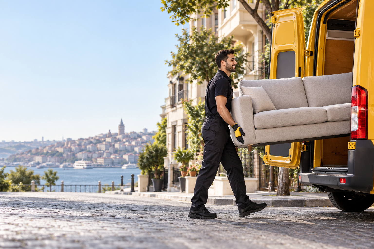 Bir taşıma ekibi büyük bir eşyayı sarı OXMOVE aracına yerleştiriyor