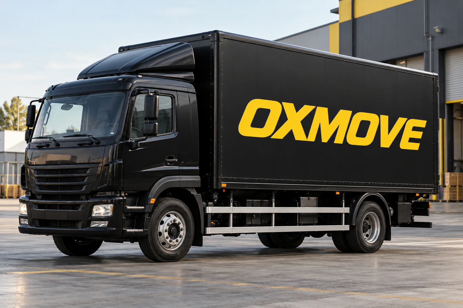 Kasasında sarı OXMOVE yazısı bulunan siyah kamyon