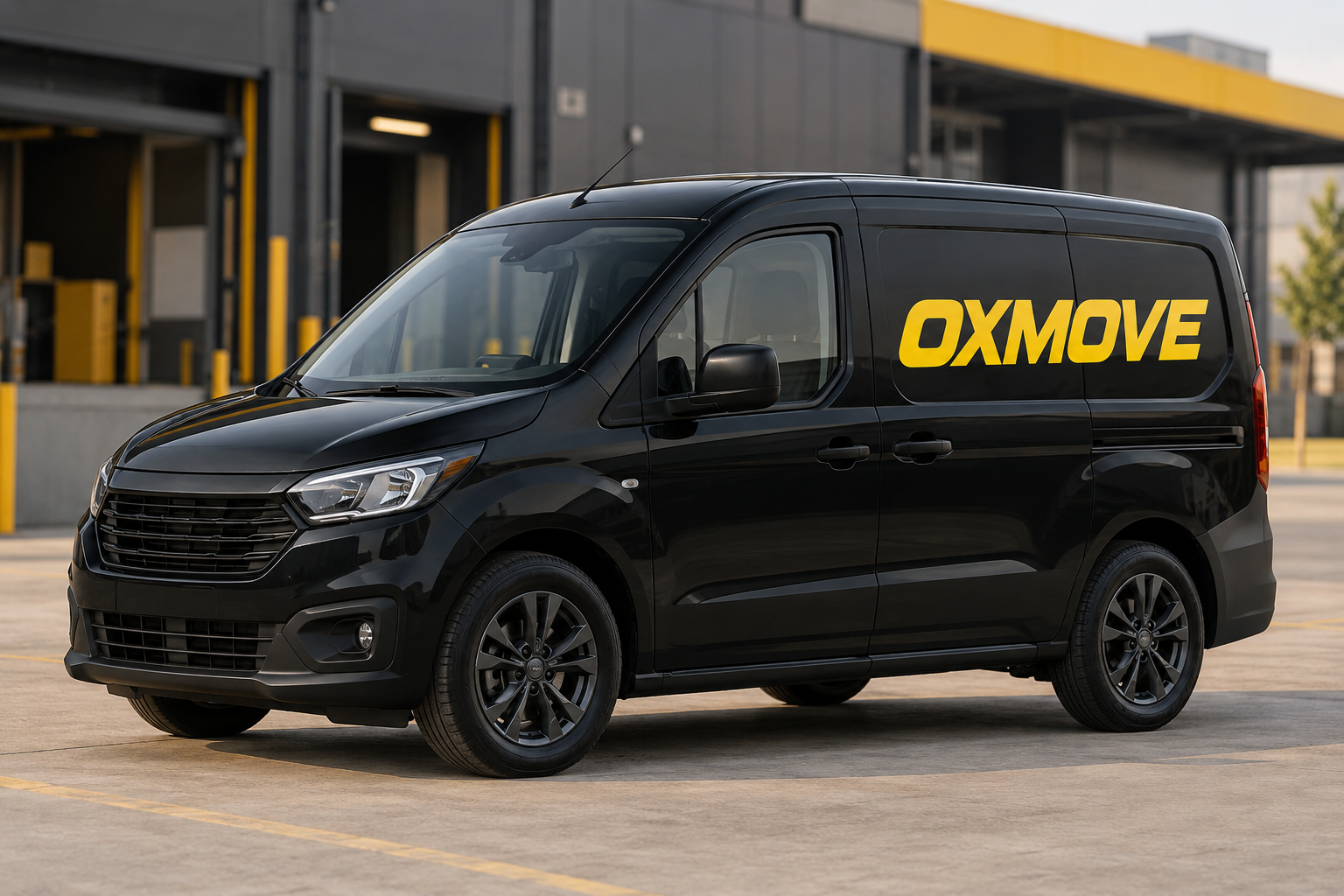 Yanında sarı OXMOVE yazısı bulunan siyah minivan