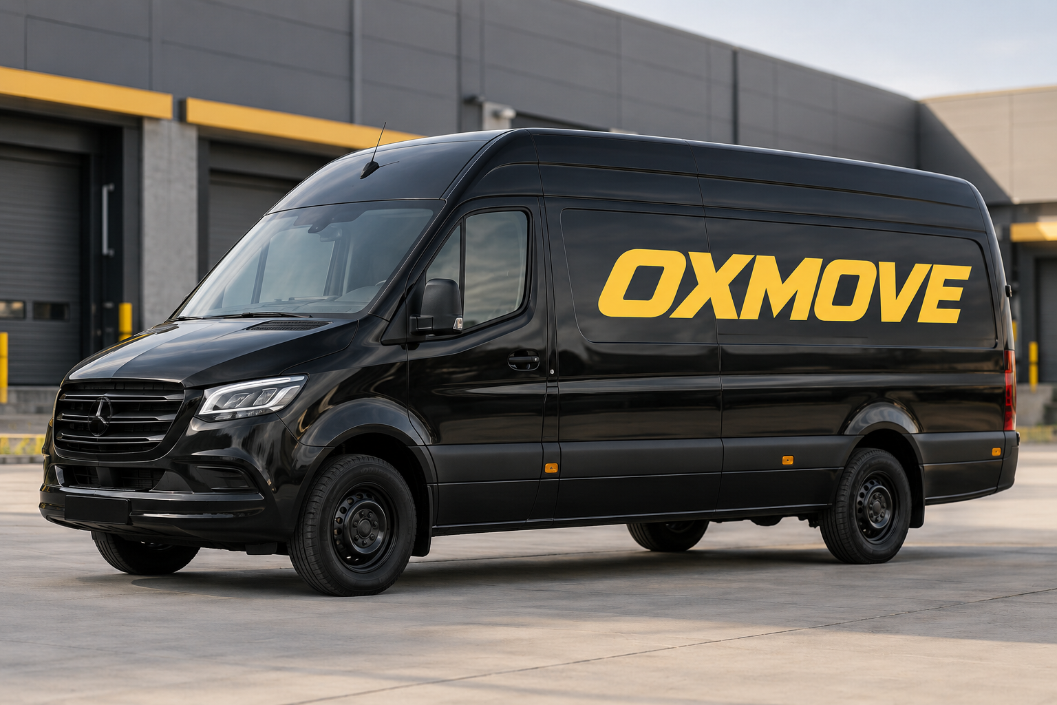 Yanında sarı OXMOVE yazısı bulunan siyah panelvan