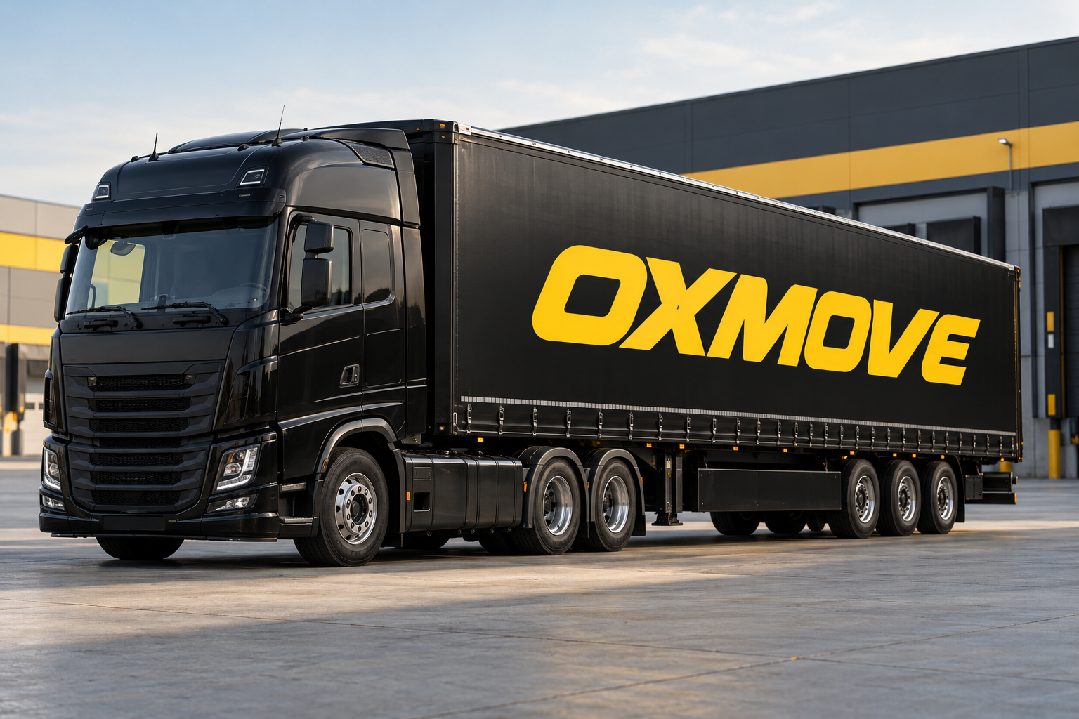 Dorsesinde sarı OXMOVE yazısı bulunan siyah tır